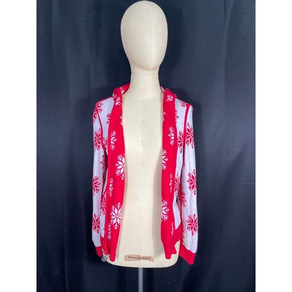 Reversable Holiday Sweater Hoodie, Red & White Snowflakes, Zip Up Ugly Christmas - Picture 6 of 10
